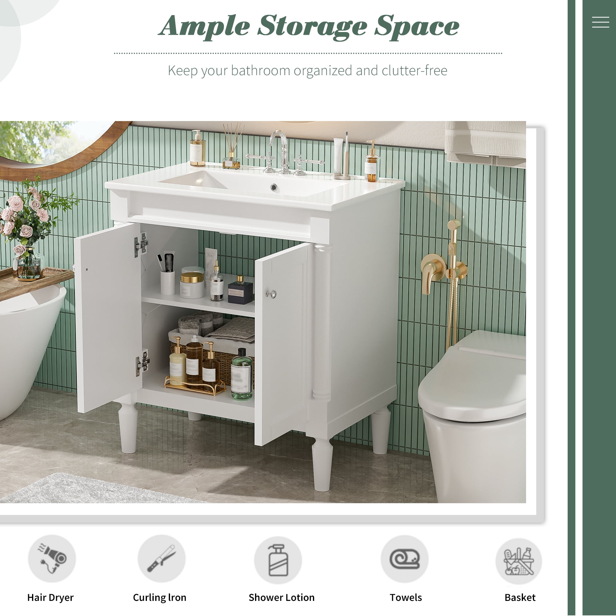 Euroco 30" Luxurious Bathroom Vanity Cabinet with Ceramic Sink Basin, 30-Inch, Storage Cabinet with Soft Close Doors and Solid Wood Legs