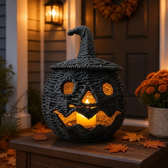 Halloween Decor Woven Pumpkin for Spooky Halloween Candy Storage and Home Decor,Halloween Pumpkin Black Handcrafted Witch Hat for Indoor Home Mantle Tabletop Decor 8.66" x 8.66" x 10.24"