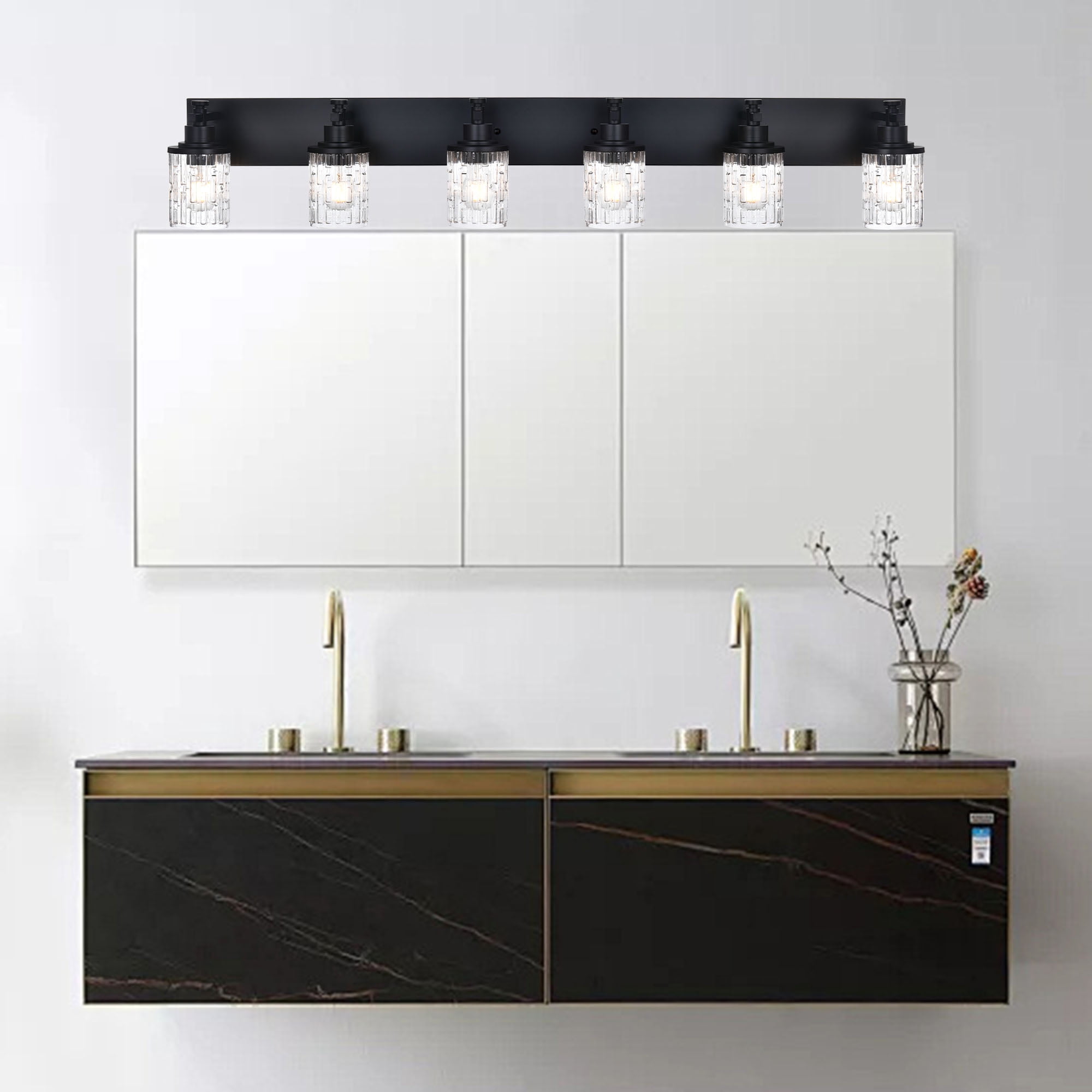 MELUCEE 6-Light Vanity Lighting Fixtures in Matte Black Finish with Clear Grid Glass Shade