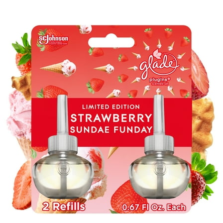 Glade PlugIns Scented Oil Refill, Strawberry Sundae Funday Scent, Infused with Essential Oils, Spring Limited Edition Fragrance, Positive Vibes Collection, 0.67 oz, 2 Count