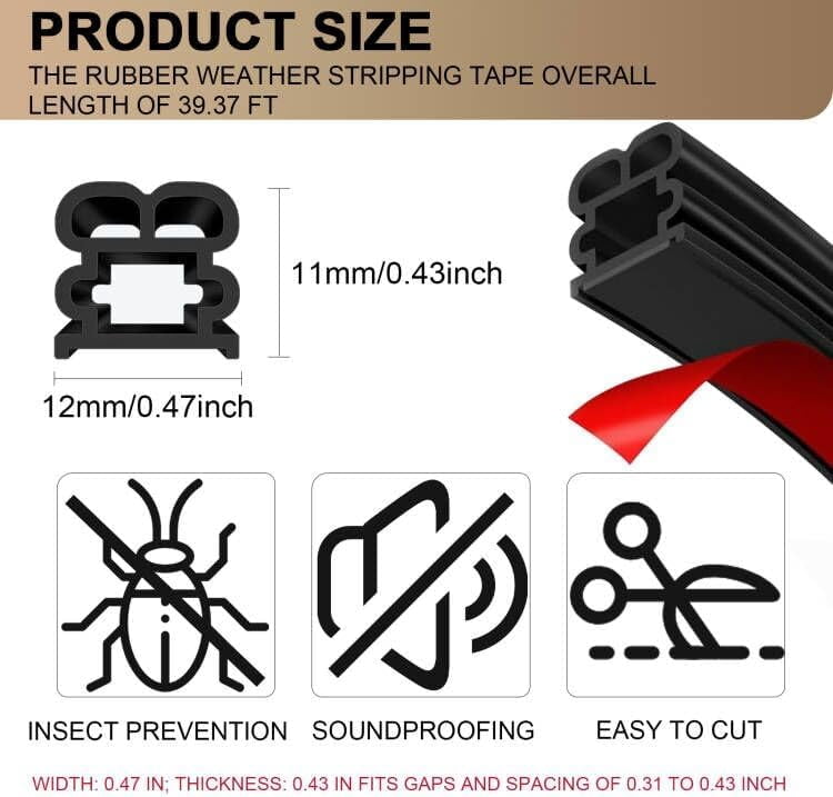 Weather Stripping Door Seal Strip 39.37FT – Self Adhesive Rubber Draft Blocker for Large Gap 0.31"-0.43", Soundproof Tape for Door Window Frame