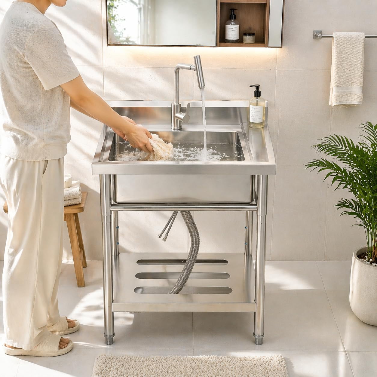 Kicctian Stainless Steel Utility Sink, 24'' × 21'' × 36'' Freestanding Stainless Steel Single Bowl Laundry Sink with T Shape Faucet for Kitchen, Bathroom, Garage or Basement