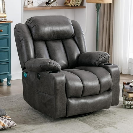 SOCIALCOMFY Manual Swivel Glider Rocker Recliner Chair with Heated Massage, 360° Swivel Overstuffed Lounge Chair with 2 Cup Holders, Side Pockets & USB Ports for Living Room, Gray