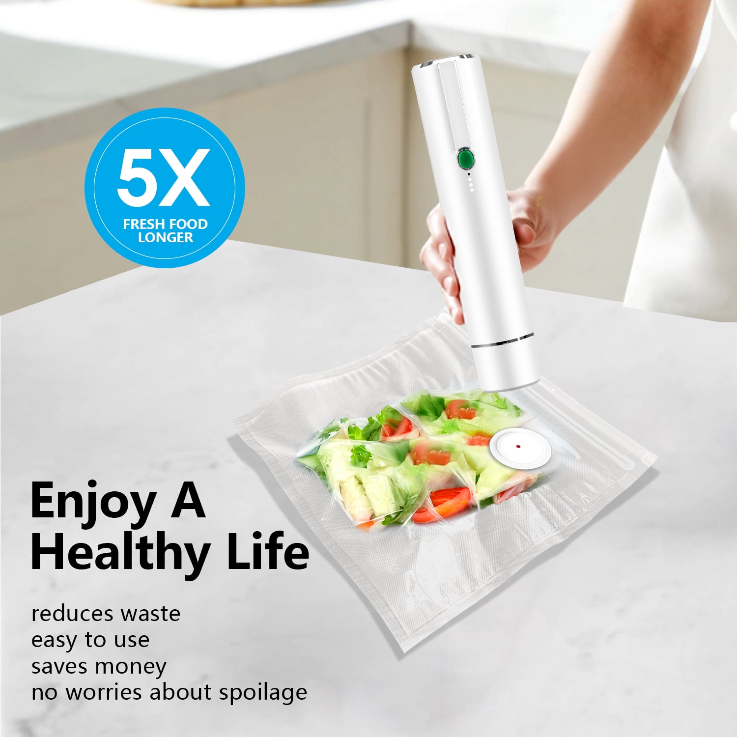 VIXINO Handheld Vacuum Sealer with 10 Reusable Bags, Compact Food Sealing Machine, Portable Freshness & Storage for Fridge, Freezer, Leftovers