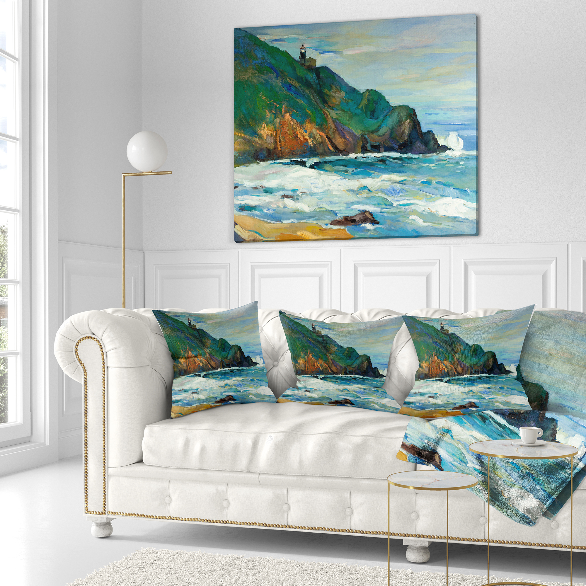 Designart Lighthouse - Landscape Painting Throw Pillow - 16x16