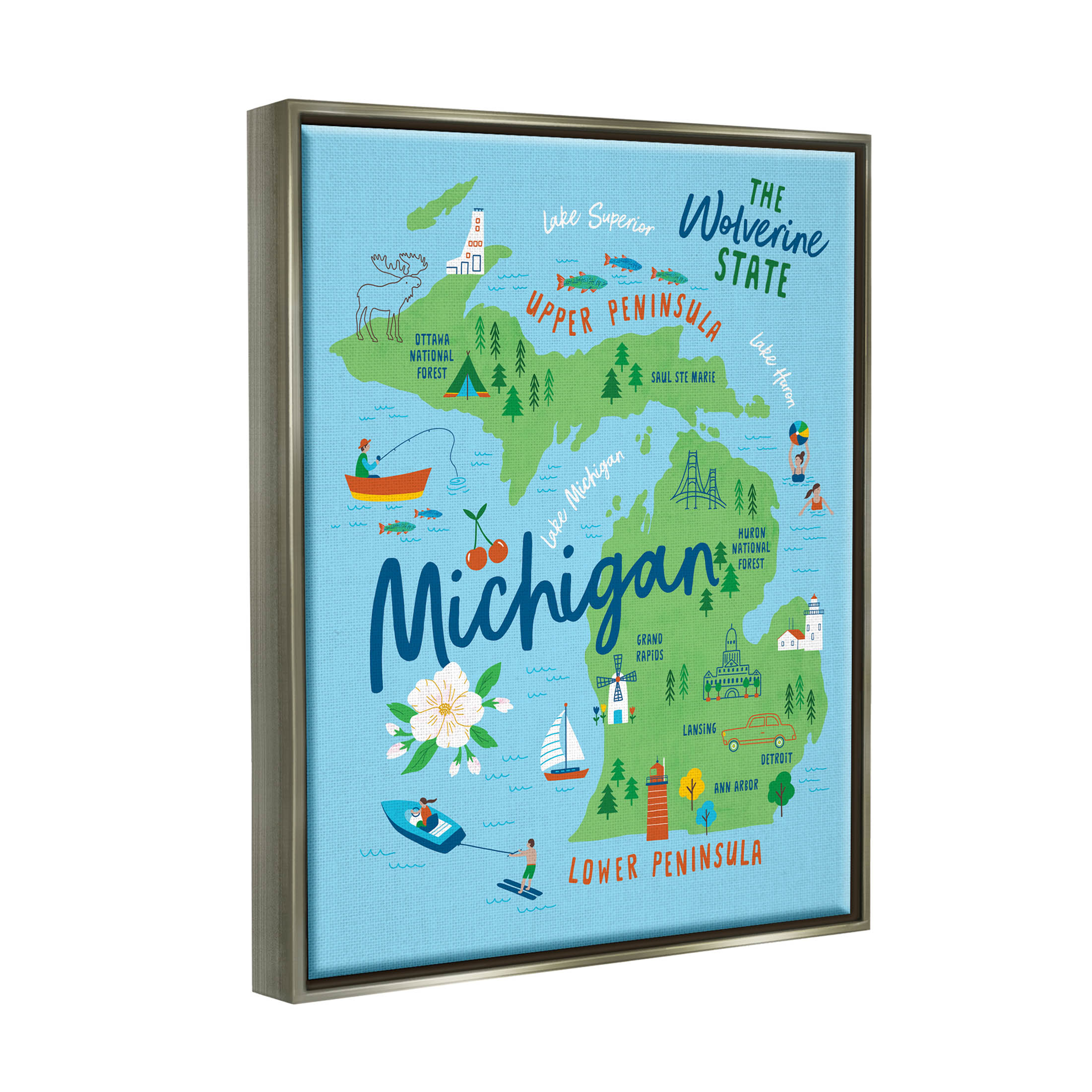 Stupell Industries Everyday Michigan Illustrated Map Graphic Art Luster Gray Floating Framed Canvas Print Wall Art, Design by Nina Seven
