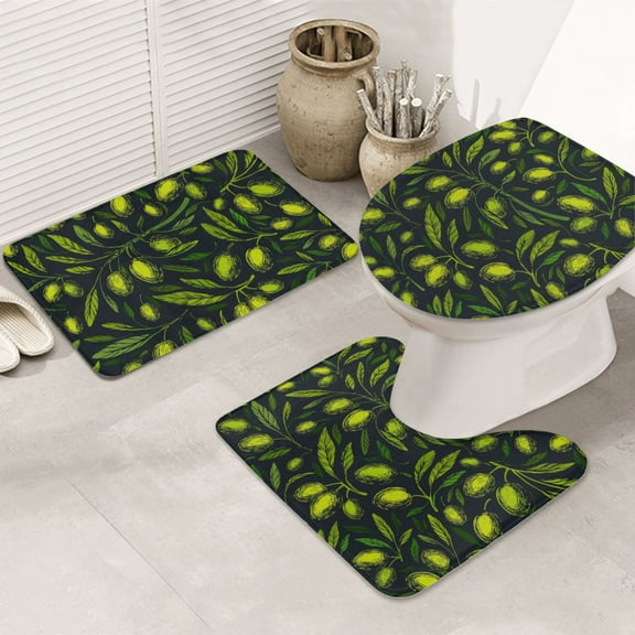 Bathroom Rugs Sets 3 Piece - Green Branch Olive Absorbent Non Slip Bath Mats, U-Shape Toilet Lid Cover, Contour Mat, Soft Washable Shower Mats Bath Rug Mat for Bathroom Tub Toilet