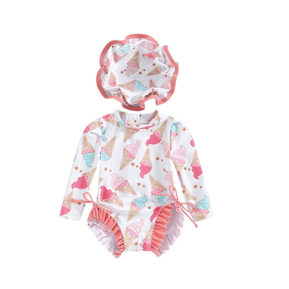 BOOMNY Toddler Girls 2 Peice Swimsuits Long Sleeve Bathing Suit for Kids Casual Graphic Lightweight Cozy Summer Beach Vacation Swimwear