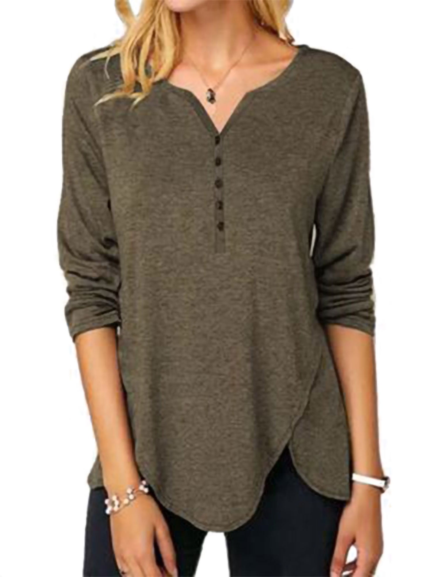 Sexy V-Neck Henley T-Shirt for Women Office Work Asymmetrical Hem Shirt