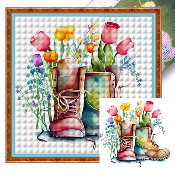 Hilo de Bordar Algodón Completo Wdftyju 18CT Impreso Pareja Botas 30x30cm