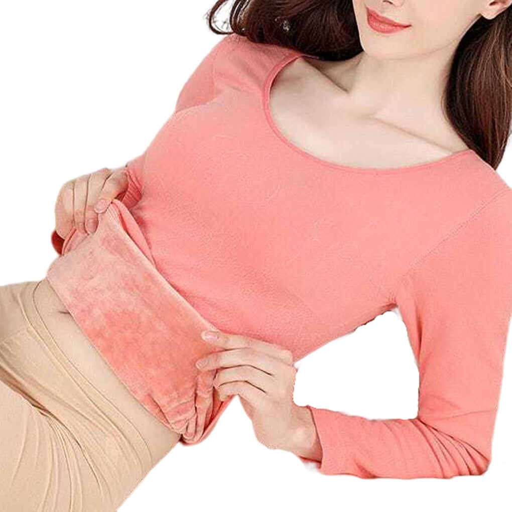 enquiret Women Thermal Underwear Velvet Cold Weather Basic Top Long Sleeve Solid Color Base