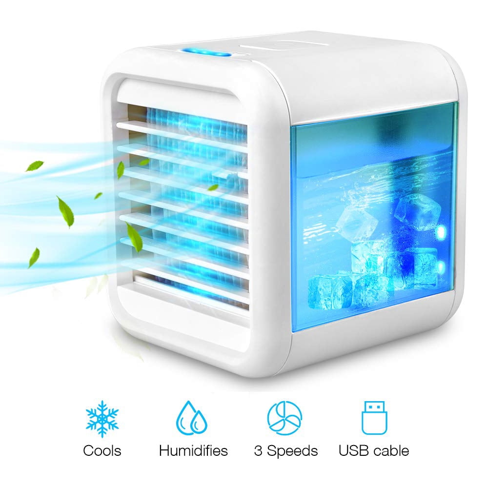 Air Conditioner Fan Cooler Portable Air Conditioner Fan with Waterbox Purifier Humidifier USB Fan with 7 Color LED 3 Fan Speed Ultra Quiet Mini Evaporative Cooler for Home Office Outdoor 