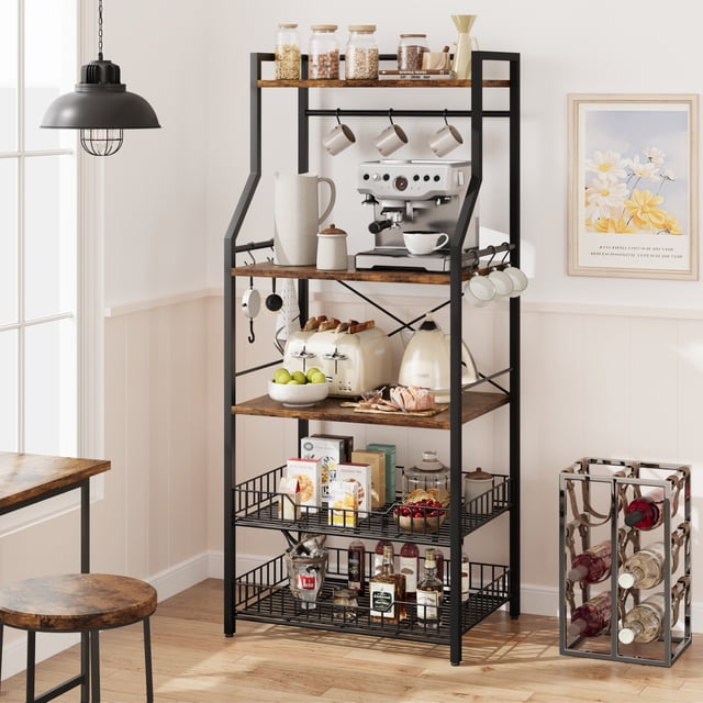 EDTara Freestanding 5-Tier Bakers Rack, Coffee Bar Station With 2 Wire Baskets & 8 Hooks for Pots and Kitchen Essentials