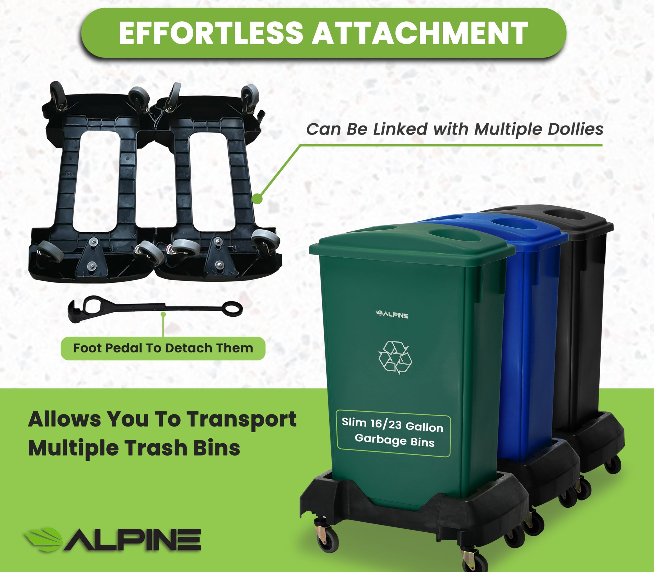 Alpine 16/23 Gallon Slim Trash Can Dolly - 4 Wheels Rectangular Plastic Rolling Garbage Can Dolly, Trash Can Wheels, Commercial Trash Can Cart - Holds Up to 200lbs (Black)