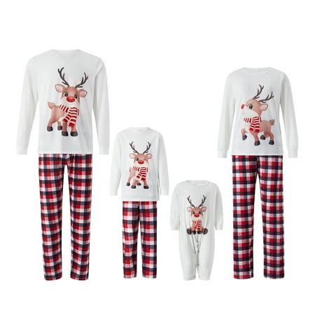 

KOMOO Christmas Family Matching Pajamas Elk Printed T-shirt Elastic Plaid Pants Soft Xmas Pajamas Matching Sets