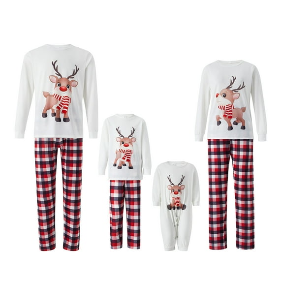 KOMOO Christmas Family Matching Pajamas Elk Printed T-shirt Elastic Plaid Pants Soft Xmas Pajamas Matching Sets