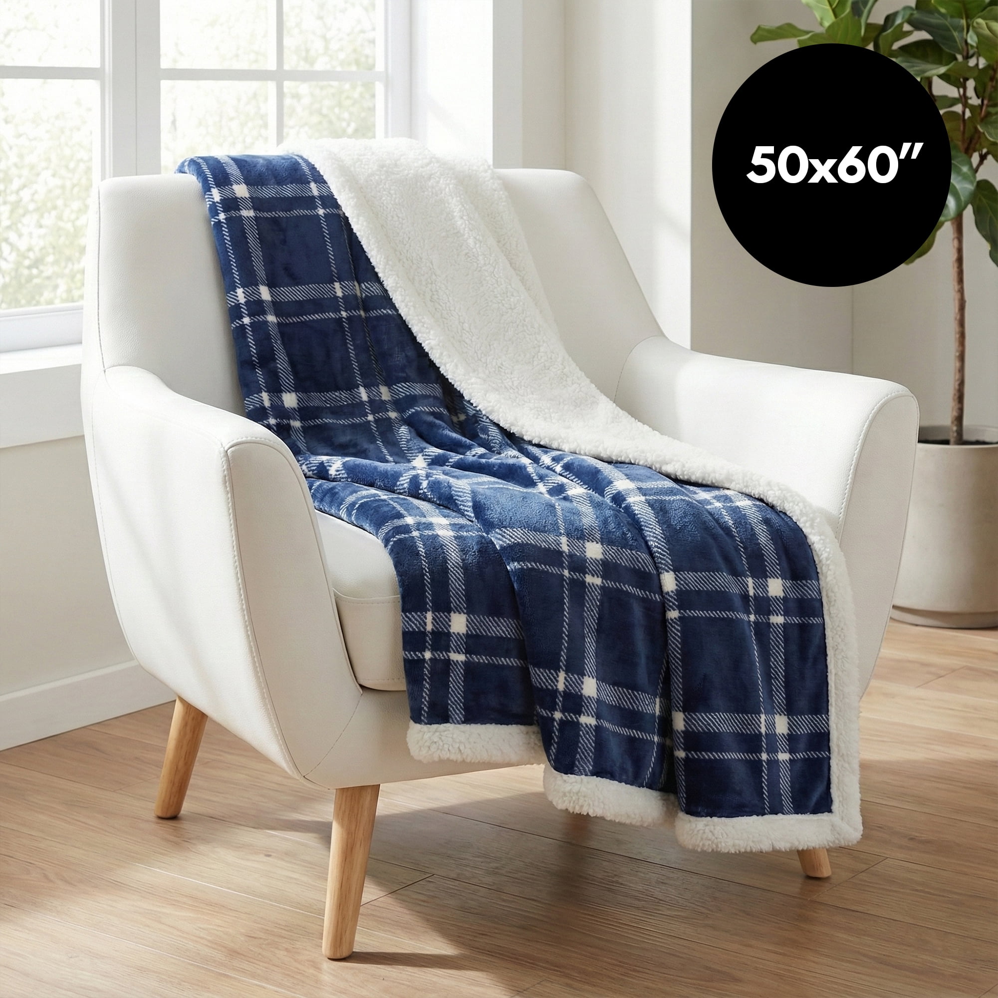 Americanflat Fleece and Reverse Sherpa Throw Blanket - 50x60 Inch Classic Tattersall Plaid - Ultra Soft Cozy Couch Cover - Warm Reversible Design - Blue