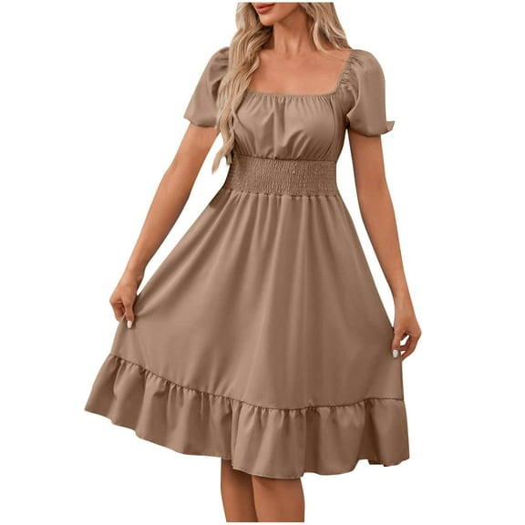 Women's High Waist Midi Dress Short Lantern Sleeve Square Neck Dress Basic Simple Solid A Line Ruffle Hem Dress