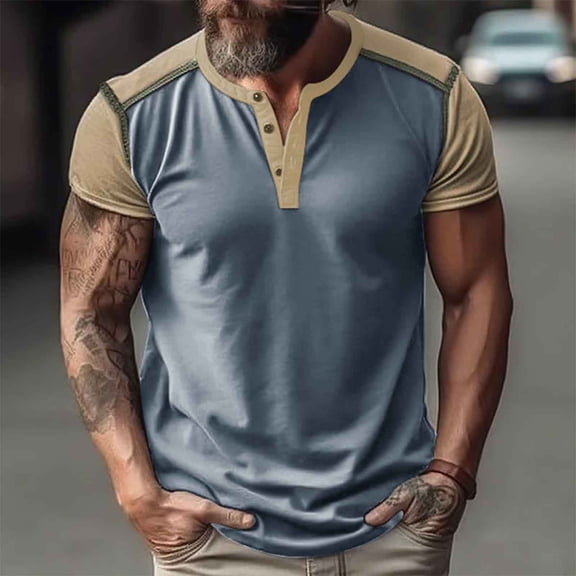 Vintage T Shirts for Mens Short Sleeve Button Crewneck Tees Tops Mens Casual Color Block Pullover Slim Basic Loungewear Athletic Tshirts Shirt