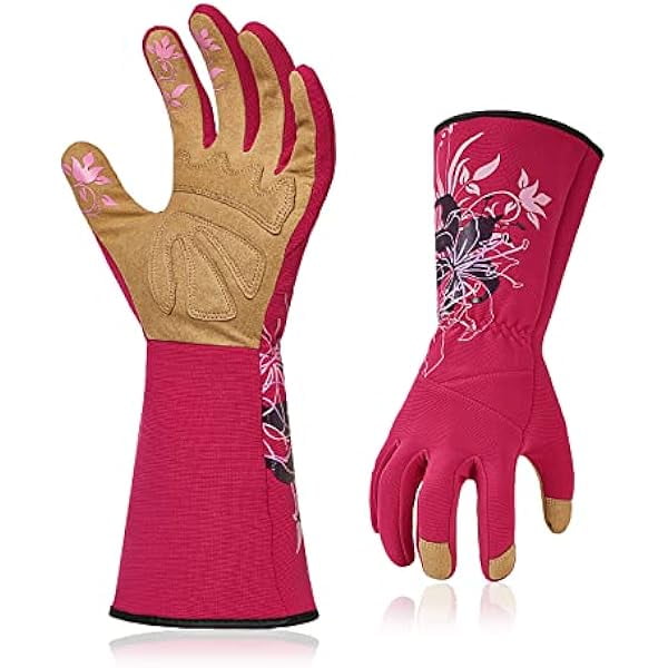 wonima02 Vgo 1-Pair Ladies' Synthetic Leather Gardening Gloves, Long Sleeves Gauntlet, Breathable & Grip Work Gloves, High Dexterity, Washable (Size M, Red, SL7445)