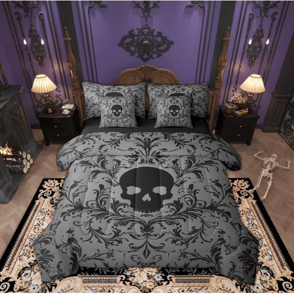 Manfei Adult Damask Skull Twin Bedding Sets 7-Piece, Hippie Gothic Skeleton Bedding Comforter Set, Tribal Mandala Theme Reversible Sheet Sets, Breathable Home Decor