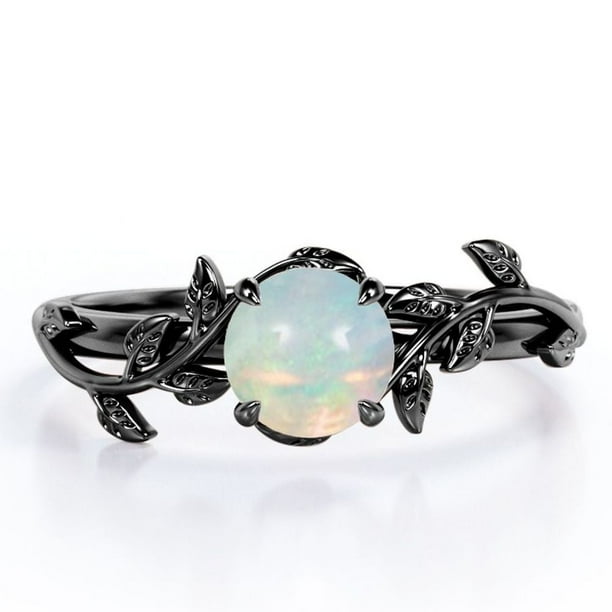 JeenMata Anillo de Compromiso Solitario de Cuatro Puntas con Diseño Botánico de Ópalo Australiano Redondo de 0,5 Quilates Chapado en Oro Negro de 18 K sobre Plata