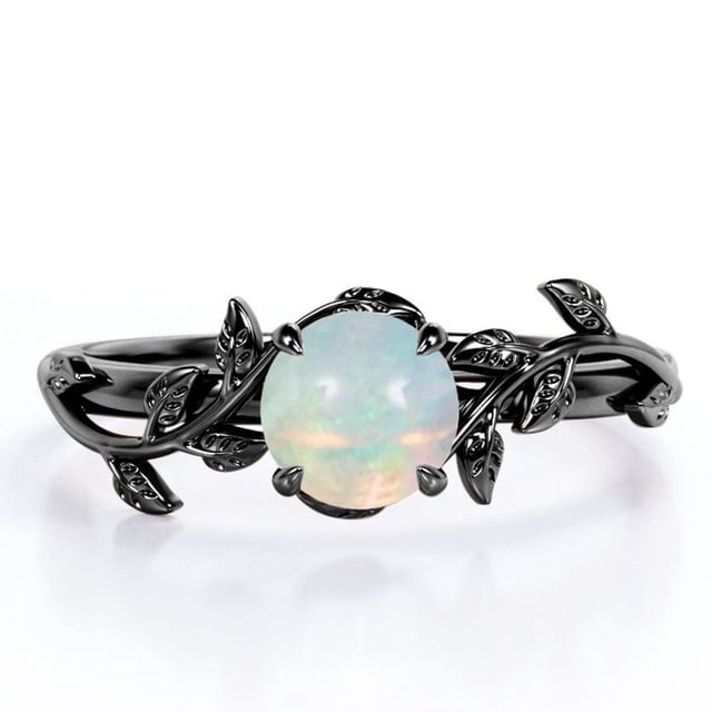JeenMata Anillo de Compromiso Solitario de Cuatro Puntas con Diseño Botánico de Ópalo Australiano Redondo de 0,5 Quilates Chapado en Oro Negro de 18 K sobre Plata