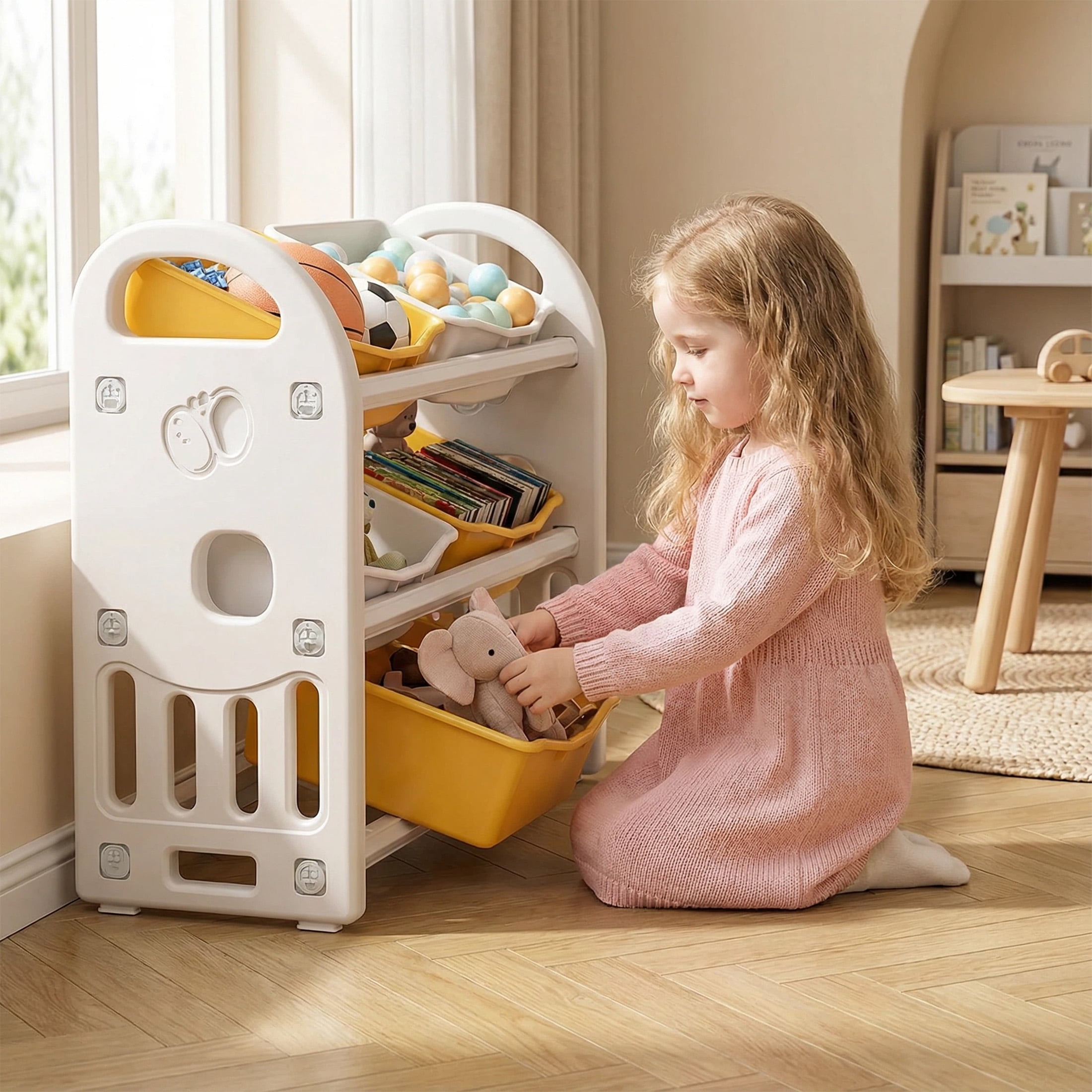 ANYEDDE Toy Storage Organizer with 3-layer structure and 6 Bins,Bookshelf/Bookcase, Kids Bin Shelf,Toys Box for Playroom Organization for Bedroom & Room Decor,Yellow White