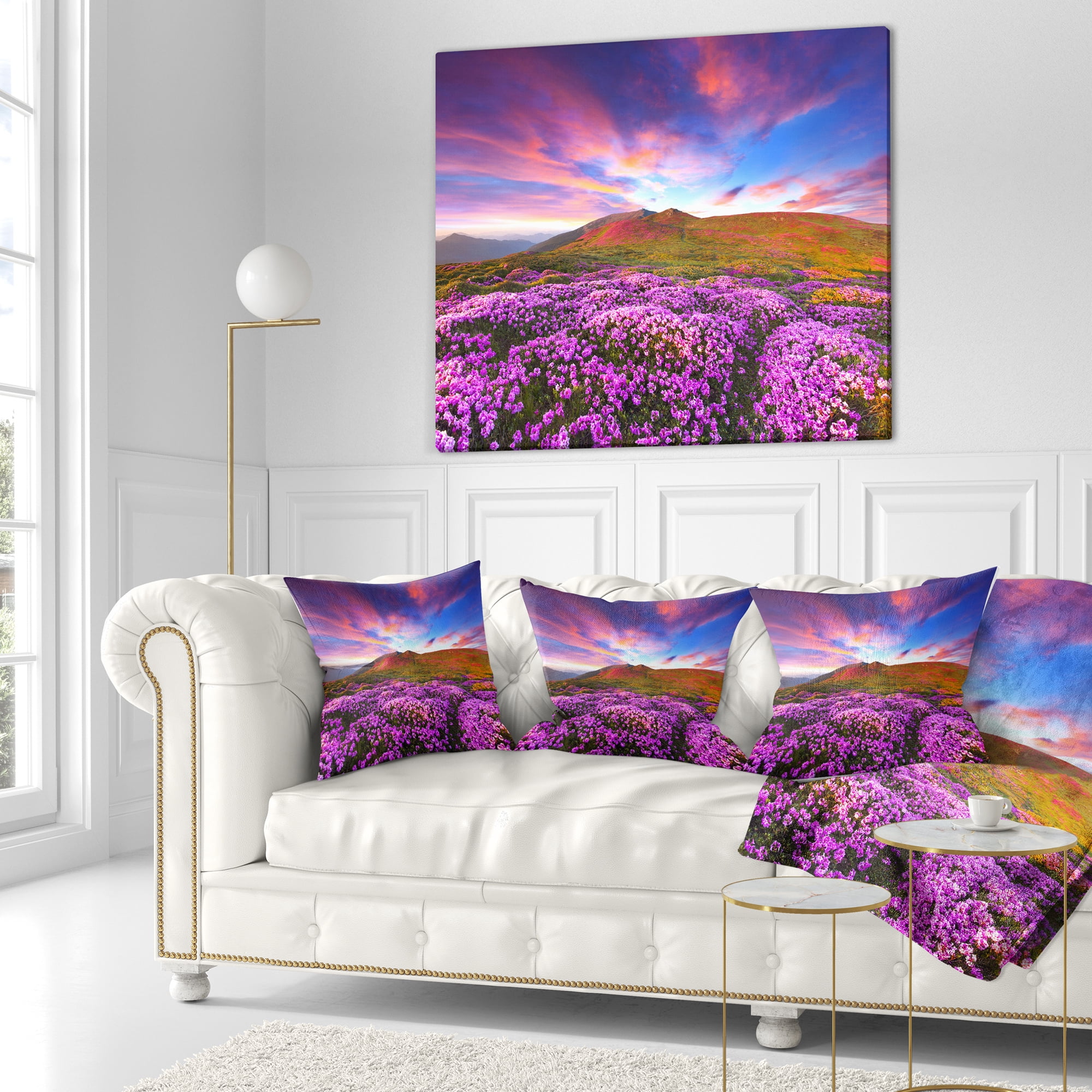 Designart Magic Pink Rhododendron Flowers - Landscape Printed Throw Pillow - 16x16