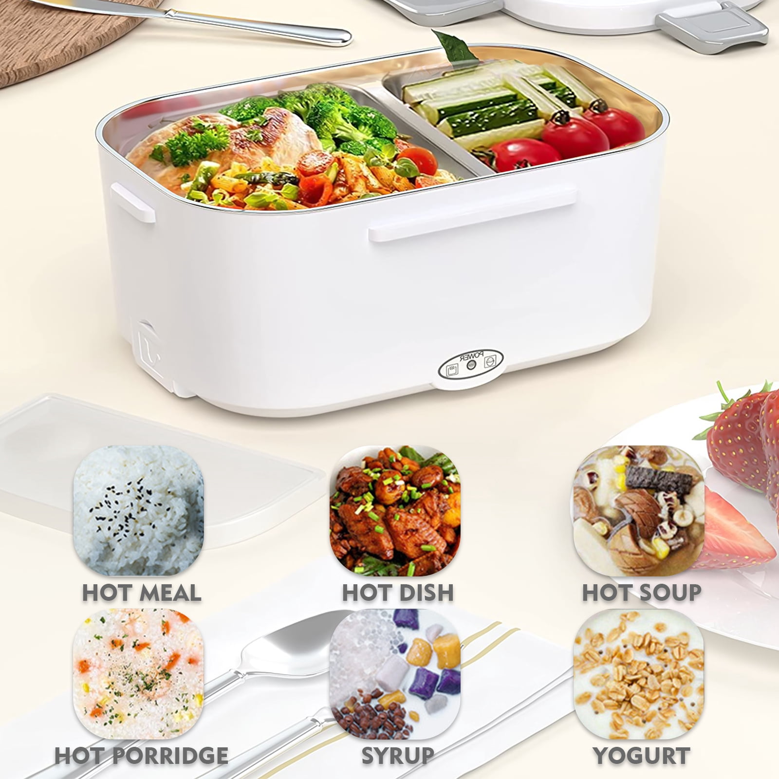 Electric Lunch Box -DFITO Fast 65W Food Heater 3-In-1 Portable Food Warmer Lunch Box W/Leak proof, 2 Compartments, Removable 304 Stainless Steel Container, Fork, Spoon and Carry Bag,White