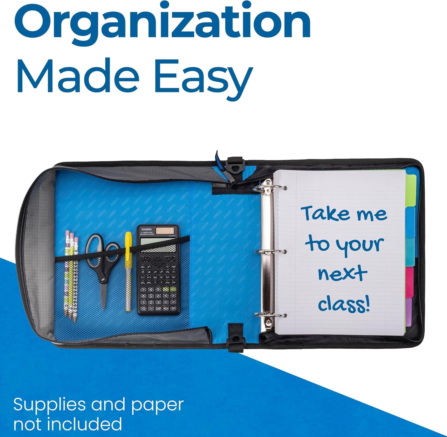 Case-it The Universal Zipper Binder - 2 Inch O-Rings - Padded Pocket That holds up to 13 Inch Laptop/Tablet - Multiple Pockets - 400 Page Capacity - Comes with Shoulder Strap - Denim Blue LT-007