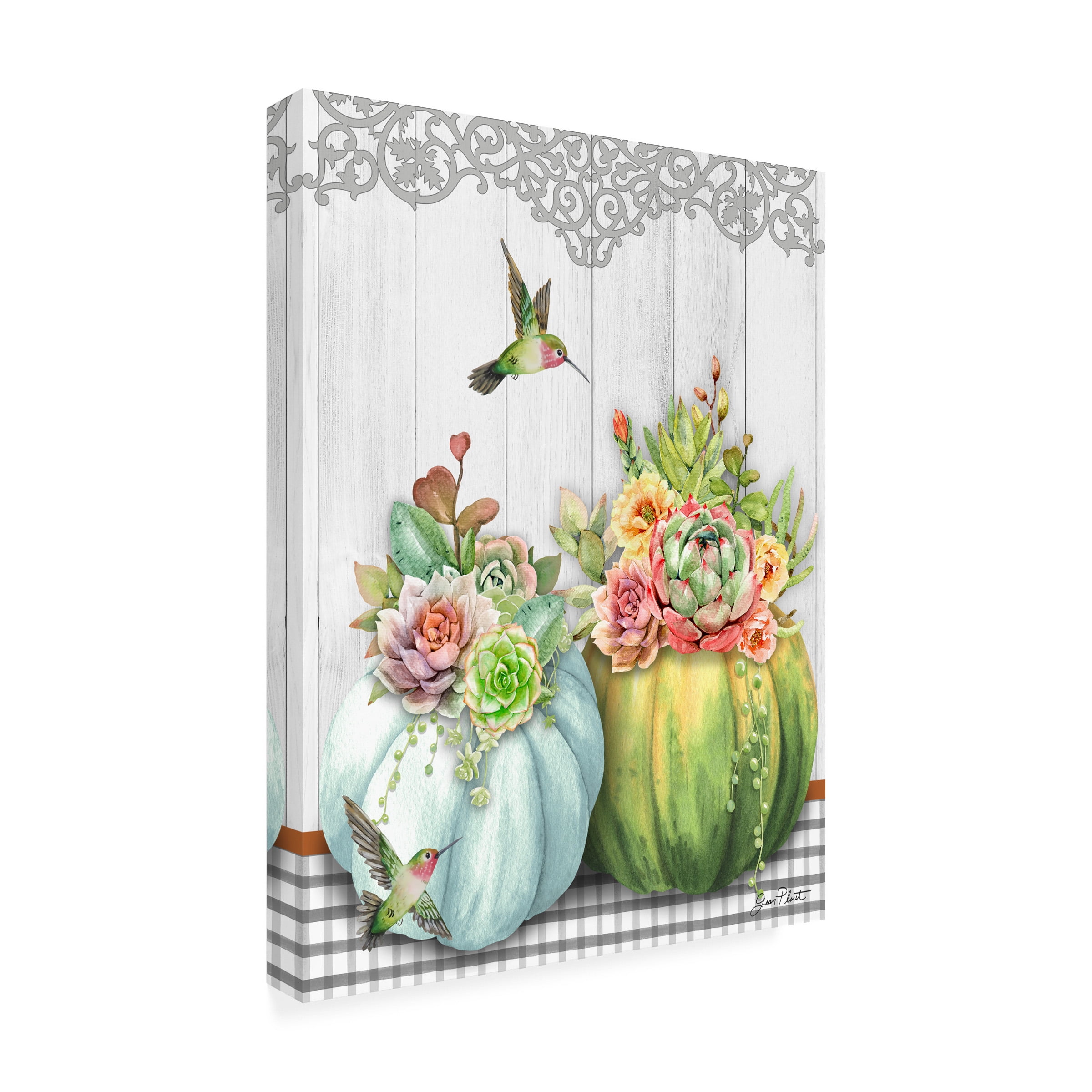Canvas Wall Art - Jean Plout 'Pumpkins With Succulents B' Wall Art for Living Room, Bedroom, or Office Décor by Trademark Fine Art - 18 x 24 Inches