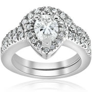 Pompeii 1 1/4ct Pear Shape Lab Grown Diamond Halo Wedding Engagement Set 14K White Gold