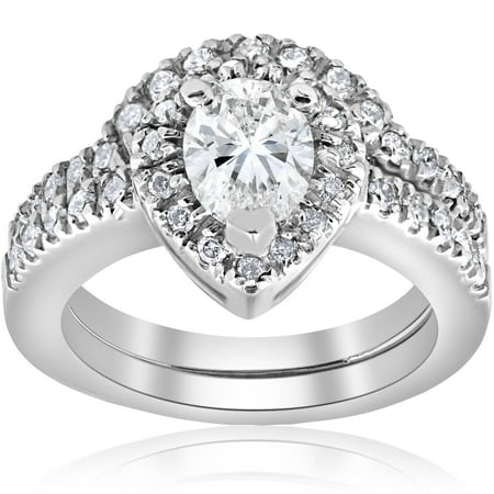 Pompeii 1 1/4ct Pear Shape Lab Grown Diamond Halo Wedding Engagement Set 14K White Gold