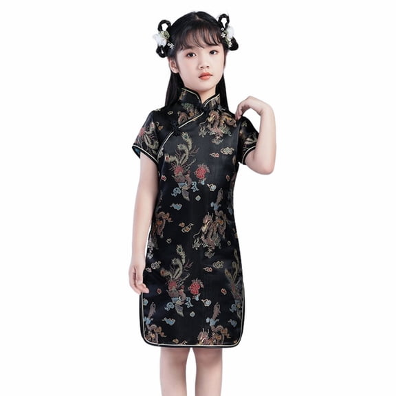 Ruyang Girls Chinese Gheongsam Floral Graphic Traditional Dress Kids New Year Embroidery Qipao Skirt Stand Collar Side Split Outfits