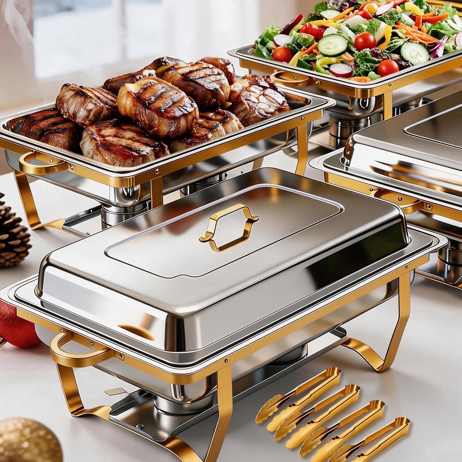 Chafing Dish Buffet Set 4 Pack, 9 QT Rectangular Semi-Gold-Plated Stainless Steel Chafing Dish Set, Buffet Warmer for Hotel Catering, Parties, Weddings, Gold