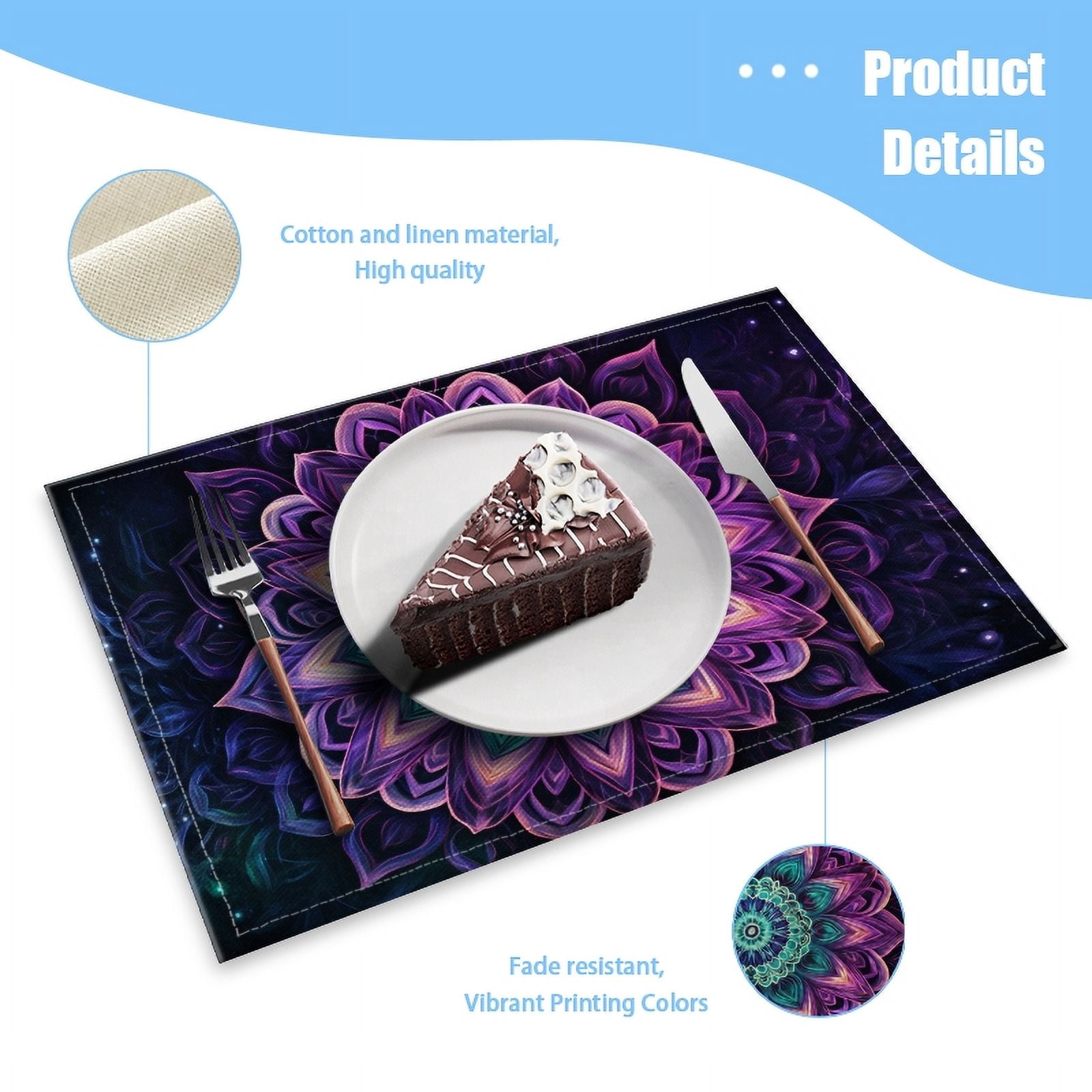 BaHomeck placemats Set of 4 rectangle Linen Cotton Placemats for Dining Table Washable Heat Resistant,18*12inch,Beautiful Mandala Glowing With Vibrant Colors Of Purple And Teal