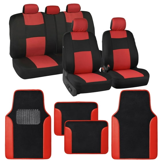 BDK PolyPro Black / Red Car Seat Covers Full Set with Matching Carpet Floor Mats - Automotive Seat Covers for Cars Trucks SUV - Includes Split Bench Rear Seat Cover - Interior Car Accessories