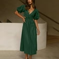thumbnail image 4 of Summer Dresses for Women Puff Short Sleeve Solid V Neck Midi Dress Waist Hollow Out Cute Beach Long Dress, 4 of 7