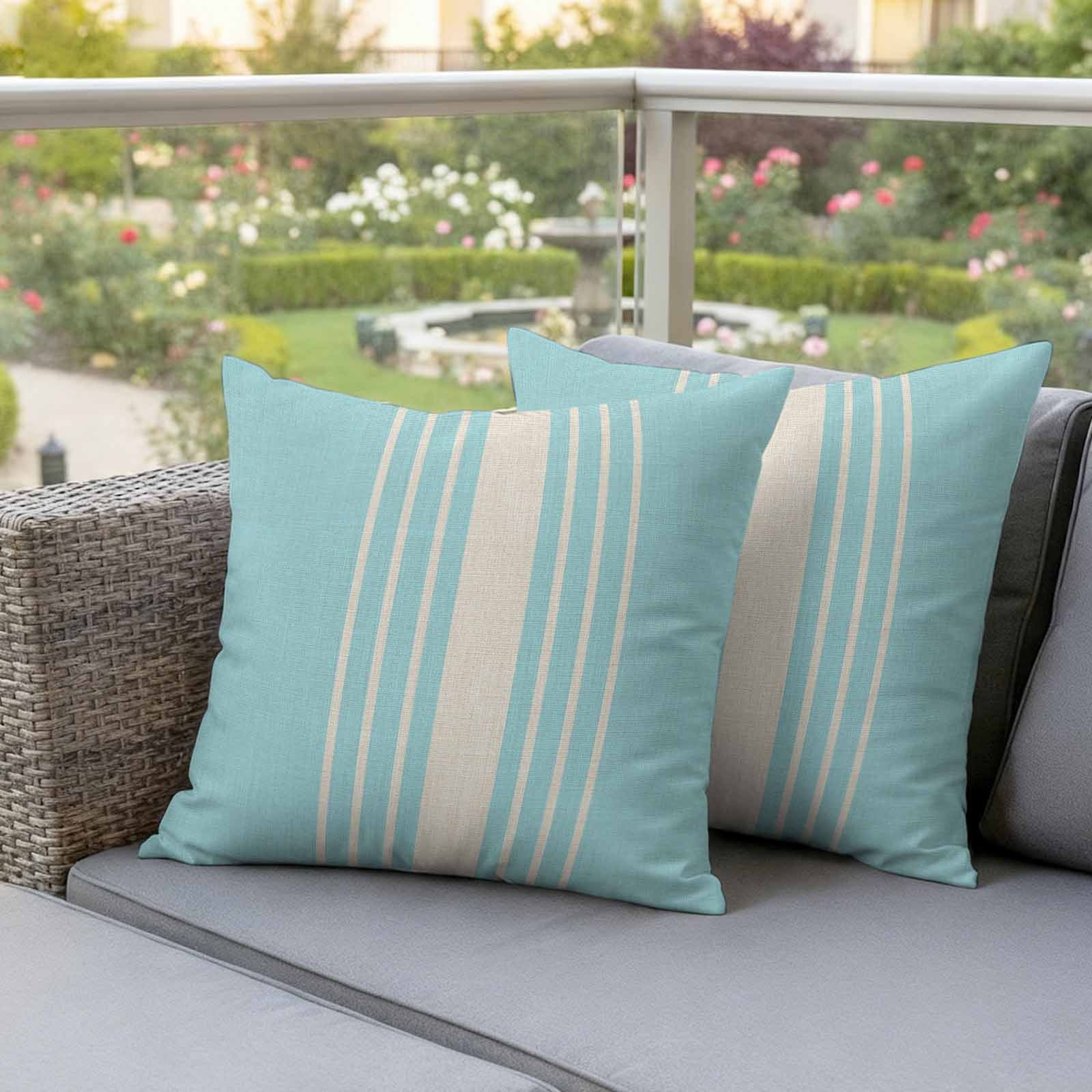 Aqua Beige Striped Outdoor Waterproof Pillow Covers, Modern Farmhouse Retro Lines Decorative Square Throw Pillowcase Sofa Cushion Sham for Patio/Couch/Chair, 26"x26" 2 Pack