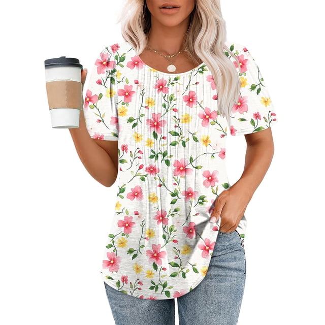 Drppepioner T-Shirt à Manches Courtes Col Rond pour Femmes, Blouse à Manches Courtes Imprimée à la Mode pour Femmes, Design Plissé Décontracté d'Été