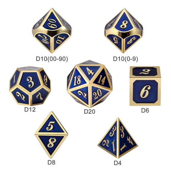 Set of 7 Metal Dice - Blue and Gold - Includes D4, D6, D8, D10, D12, D20 and D%