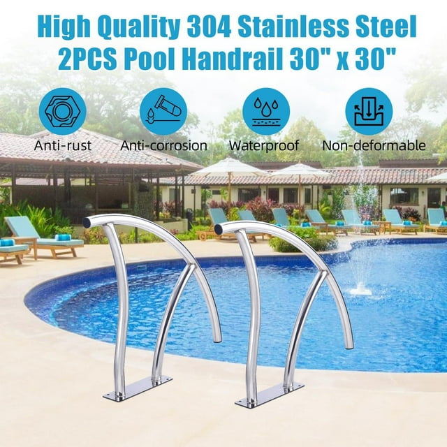 GloryStar 304 Stainless Steel Inground Pool Handrail with Blue Non-Slip Handle Covers, Quick-Install Railings