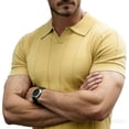 thumbnail image 3 of Men's Knit Ribbed Short Sleeve Open V-Neck Collared Polo Shirt, Casual Slim Fit Top, Breathable Textured Knitwear for Smart Casual Style and Everyday Wear Yellow XXL, 3 of 6