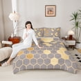 thumbnail image 4 of Homewish Chic Fashion Honeycomb Queen Comforter Set, Grey Gold Stripe Abstract Bedding Sets, Teens Adult Men Women Reversible Bedding Comforter Set, Microfiber Bedroom Decor, 3-Piece, 4 of 8