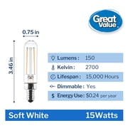 Great Value T6 Tubular LED Light Bulb, 2W (15W Equivalent), Soft White, E12 Candelabra Base, Non-Dimmable