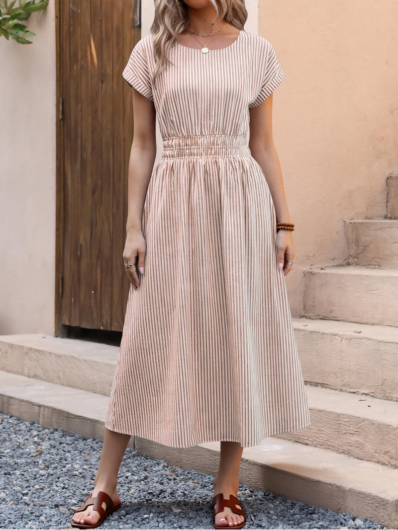light brown casual dress ANRABESS Womens Summer Midi Striped Short Sleeve Crewneck Empire Waist 2026 Flowy Long Beach Dress with Pockets White Stripe Small smooth woven fabric with