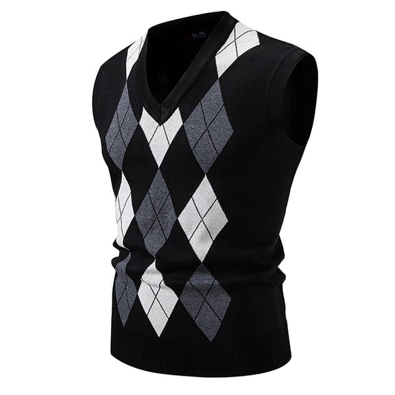 FINALGANG Mens Argyle Knit Vest V Neck Sleeveless Contrast Diamond Pattern Ribbed Trim Casual Knit Waistcoat For Daily Wear Business Casual Black XL
