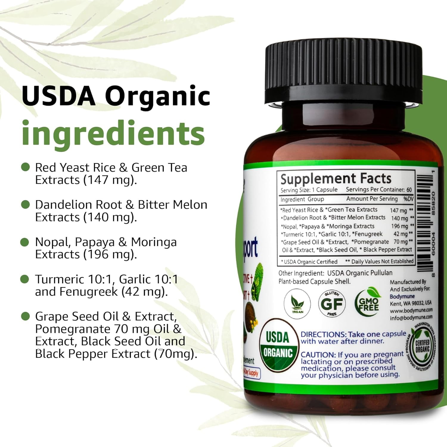 Bodymune CholesterolSupport | USDA Organic Supplement w/Extracts of Red Yeast Rice, Green Tea, Dandelion, Moringa | Supports Heart Health* | 60-Day Supply | Vegan, Non-GMO, Gluten-Free, Made in USA