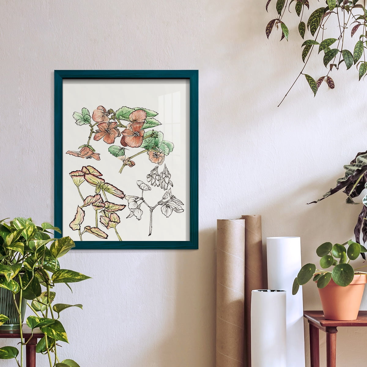 Begonia Study -Framed Print w/glass-Ocean Blue